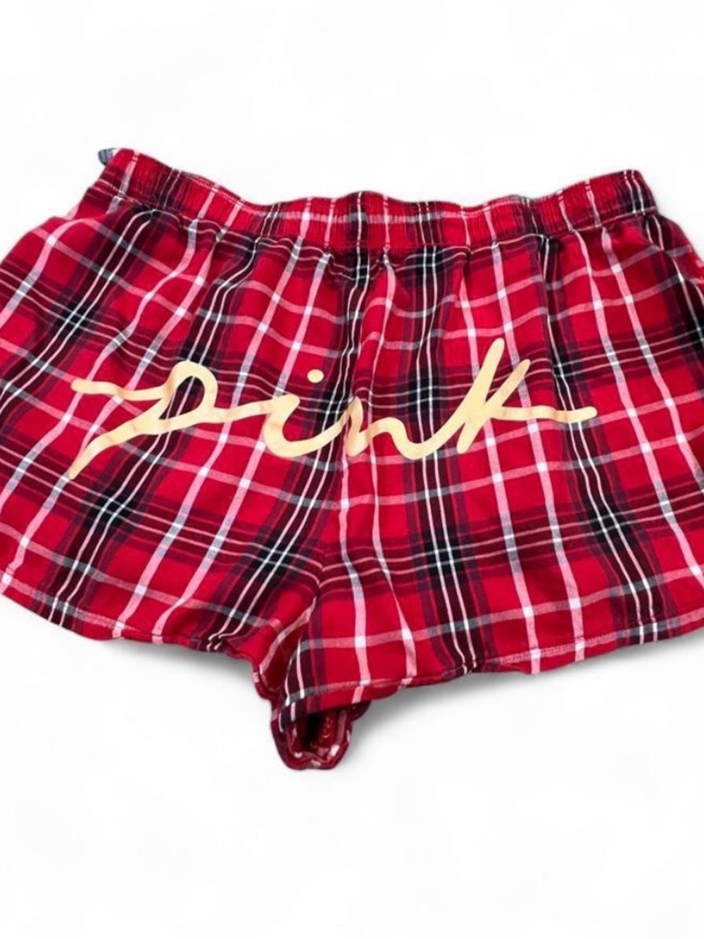 PINK Victoria's Secret Red Plaid Short Lounge Shorts with Script Logo